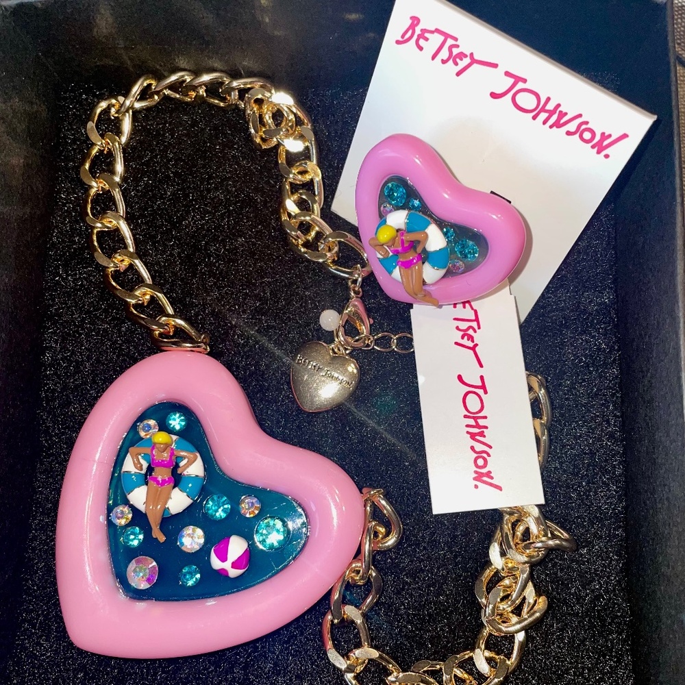 *~* BETSEY JOHNSON POOL PARTY Floaty Heart RiNG & NECKLACE SET *~* NEW